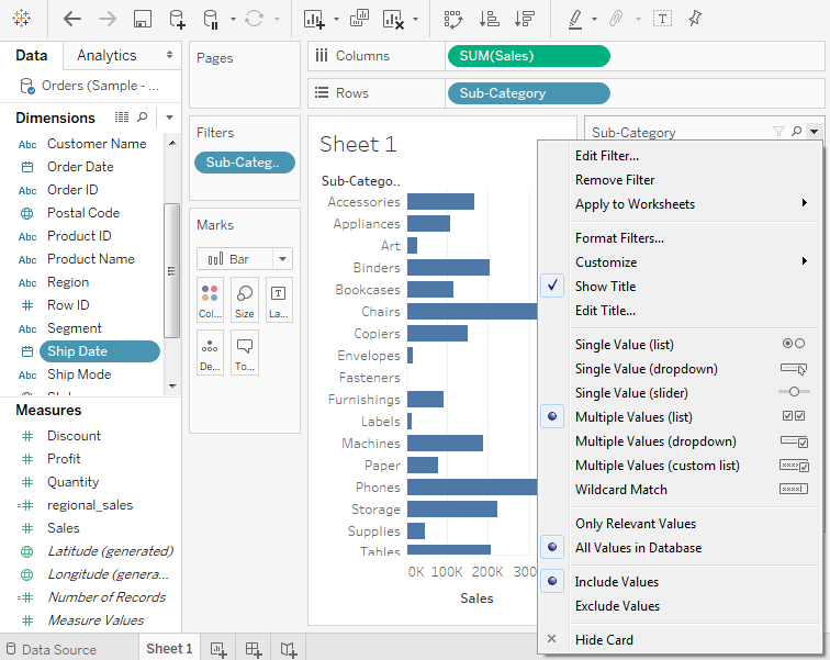 Tableau Quick Filters