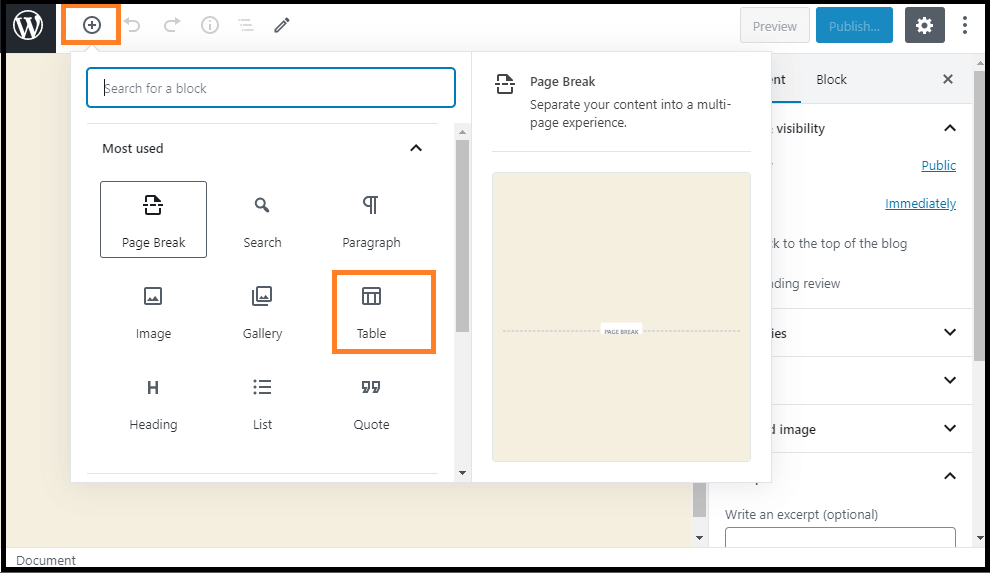 how to insert a table in word press